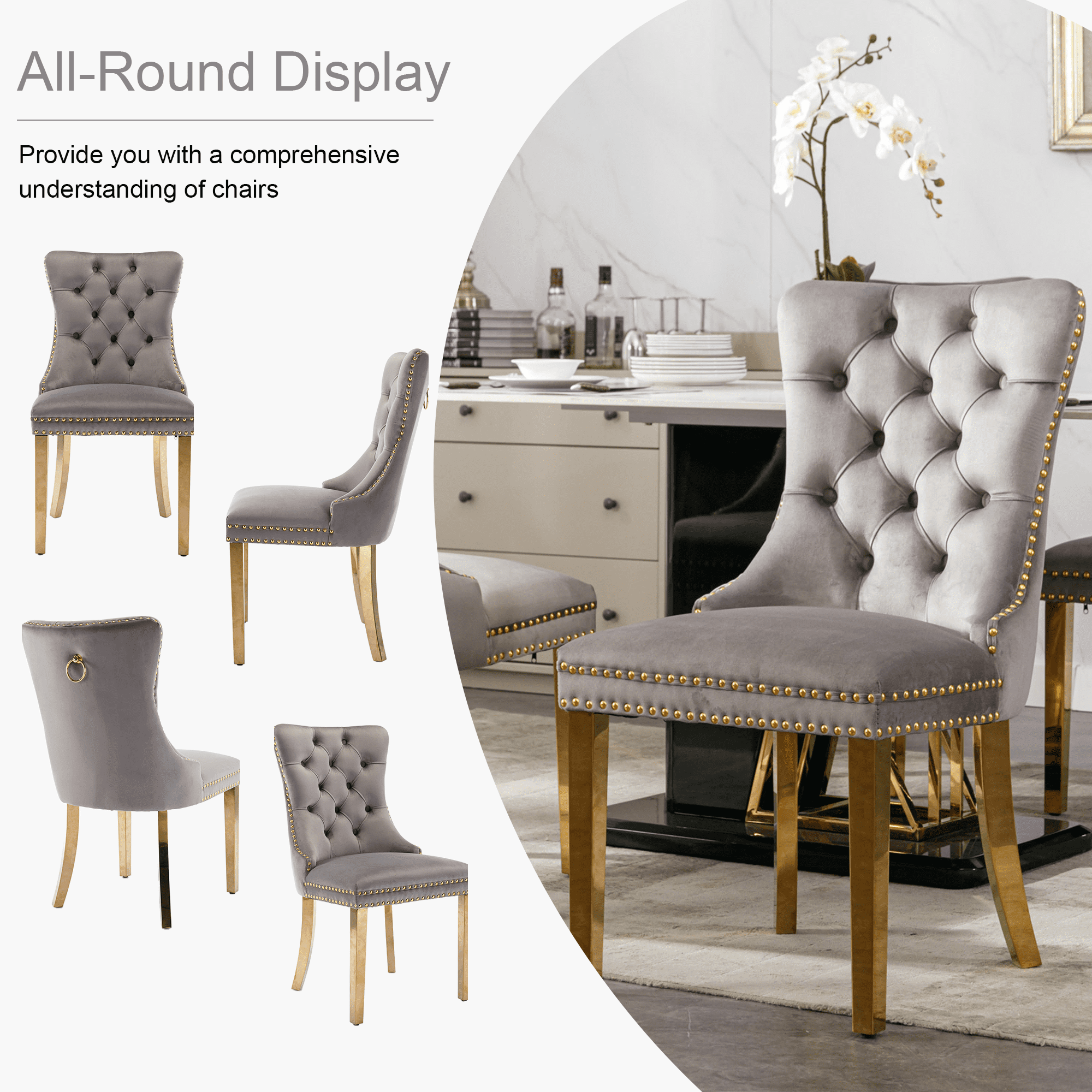 Dining Chairs, Accent Diner Chairs with Nailhead Trim and Back Ring Pull, Velvet Fabric Dining Room Chairs, Side Chair Kitchen Chairs with Golden Stainless Steel Plating Legs (Set of 4)