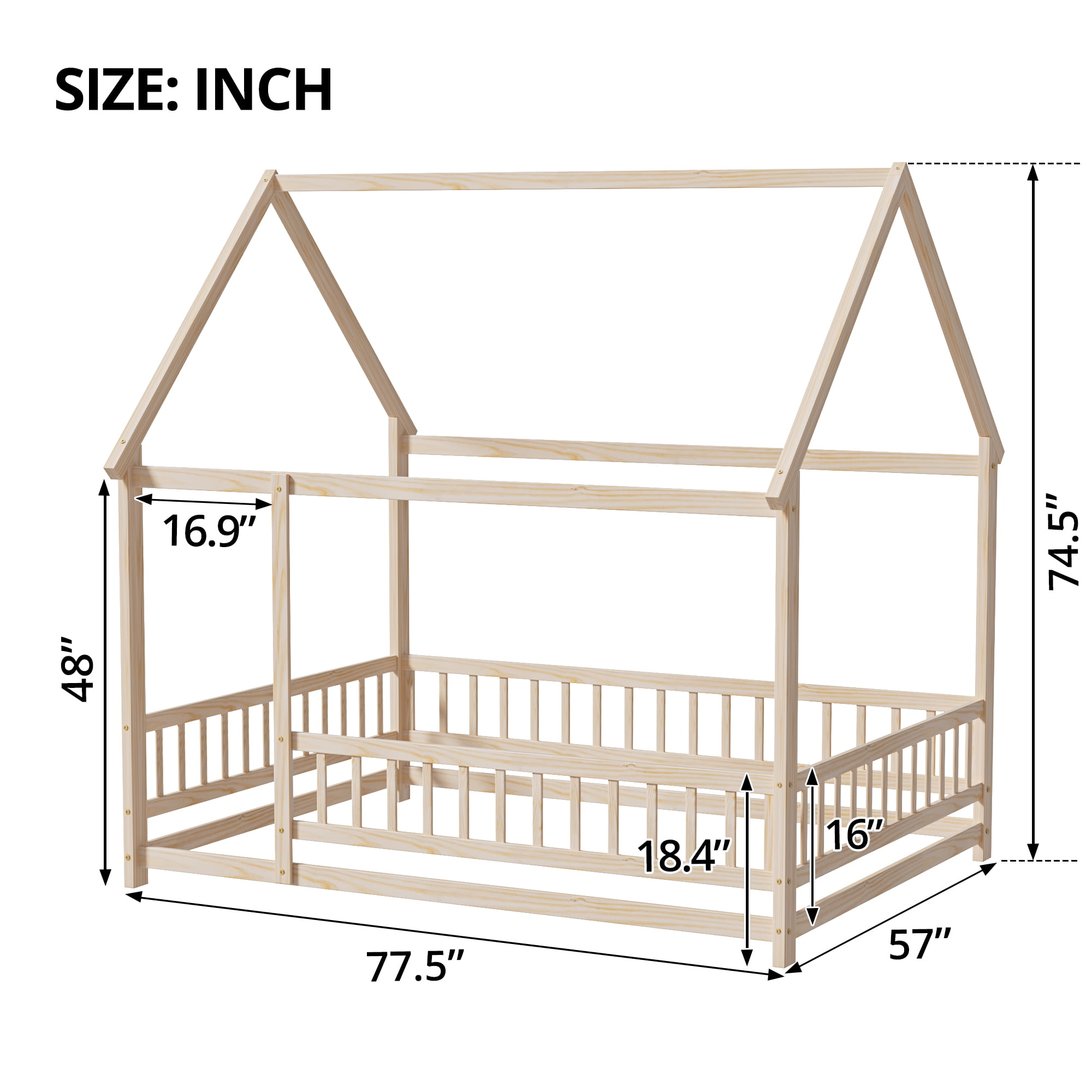 Full Size Floor Bed with Fence for Kids and Toddlers, Montessori Bed Playhouse Bed with Roof, Solid Wood Platform Bed Frame for Boys and Girls Bedroom, No Slats Included (Natural)