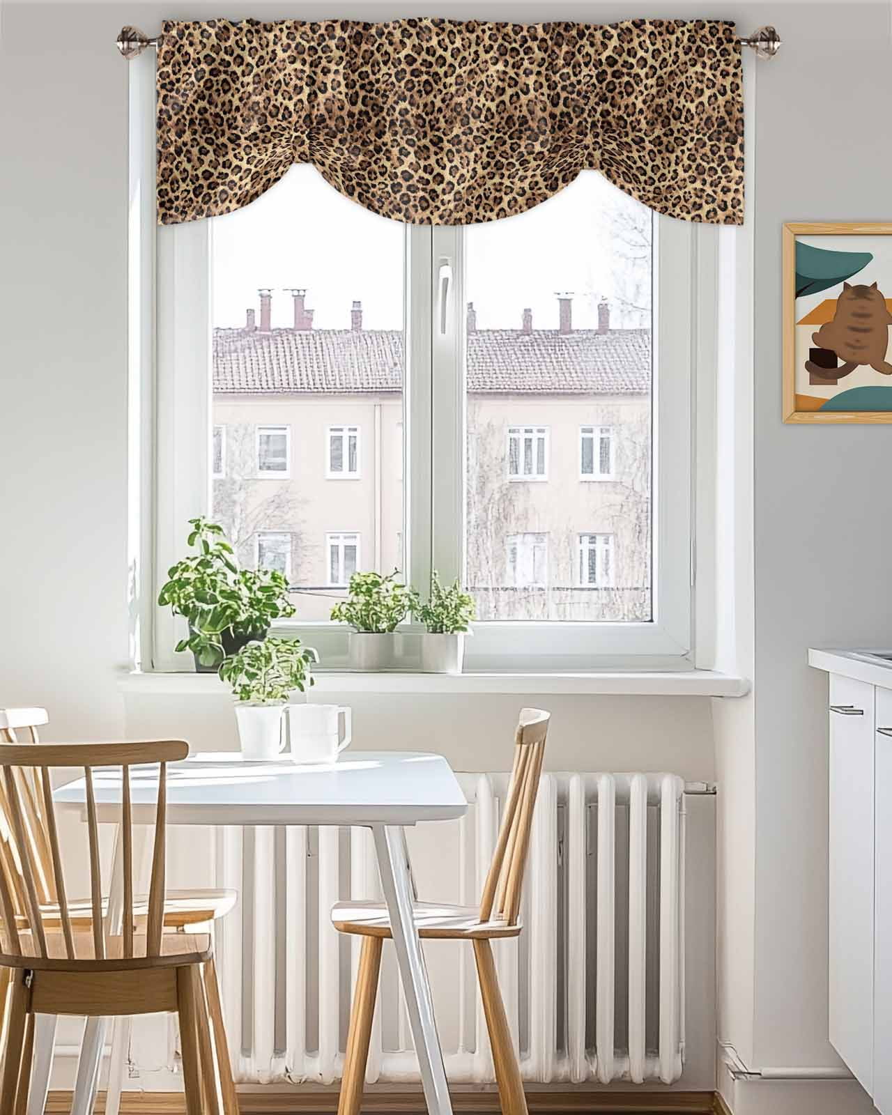 Leopard Print Tie Up Valances Curtain, Adjustable Kitchen Animal Abstract Retro Valances for Windows Decor, Rod Pocket Short Curtains Set for Bedroom/Bathroom, 60"x18"