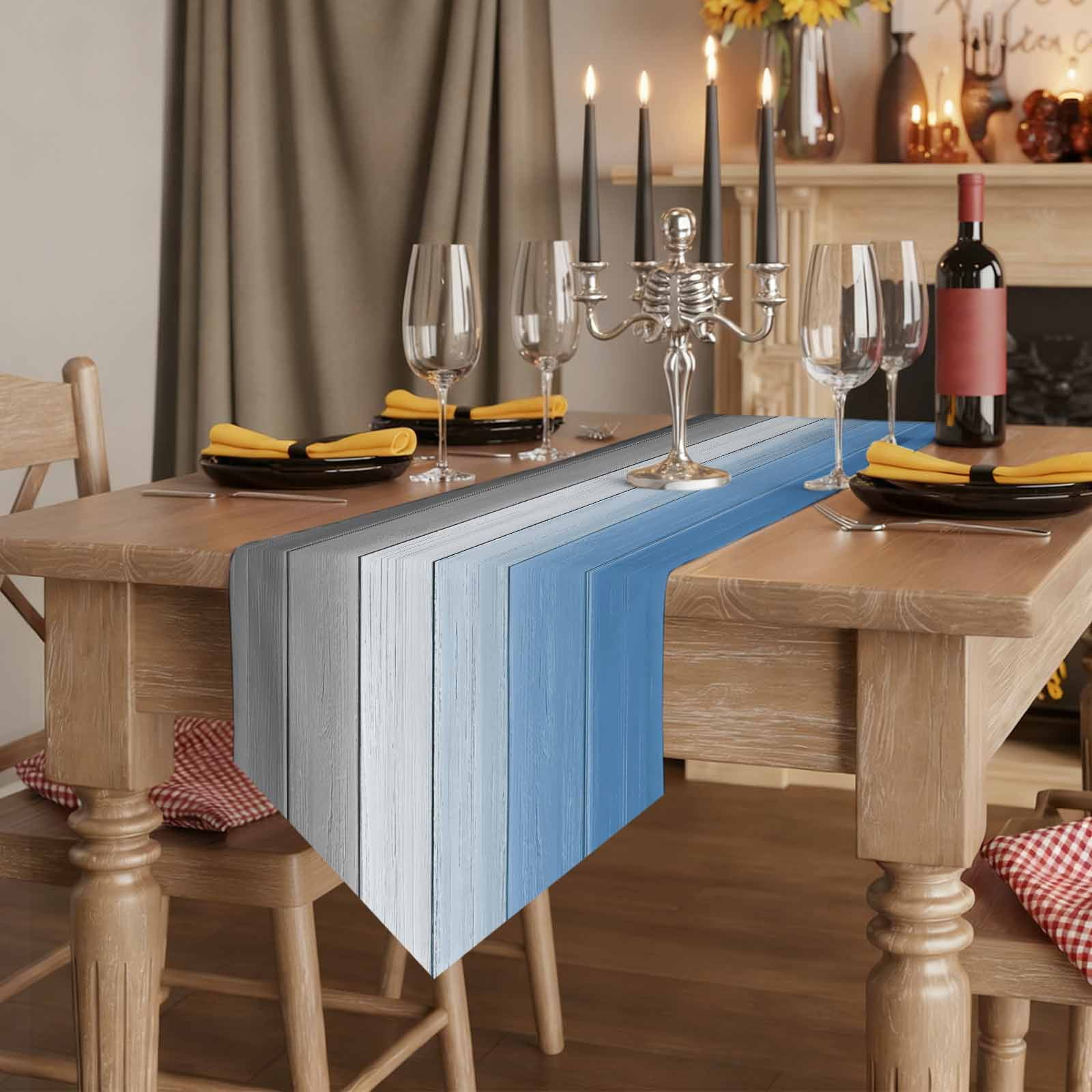 Blue Gray Ombre Table Runner Linen Burlap Table Runner 36 Inches Small Vintage Country Wooden Dresser Scarves for Kitchen Island Coffee Dining Room Party Wedding Banquet Holiday Decoration 13"x36"