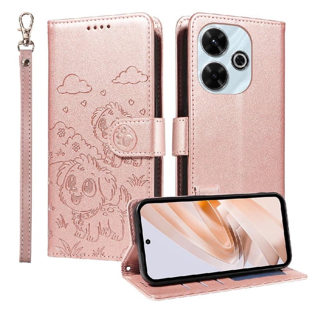 Funda Cartera GANGXUN con Diseño de Perrito en Relieve para Xiaomi Redmi 13 4G , Protección 360° con Ranuras y Correa Desmontable
