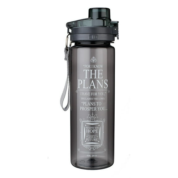 Christian Art Gifts Wide Mouth BPA-Free Reusable Plastic Sports Water Bottle w/Locking Flip-Top Lid & Carry Strap: I Know the Plans - Jeremiah 29:11 Inspirational Bible Verse, Black, 28 oz.