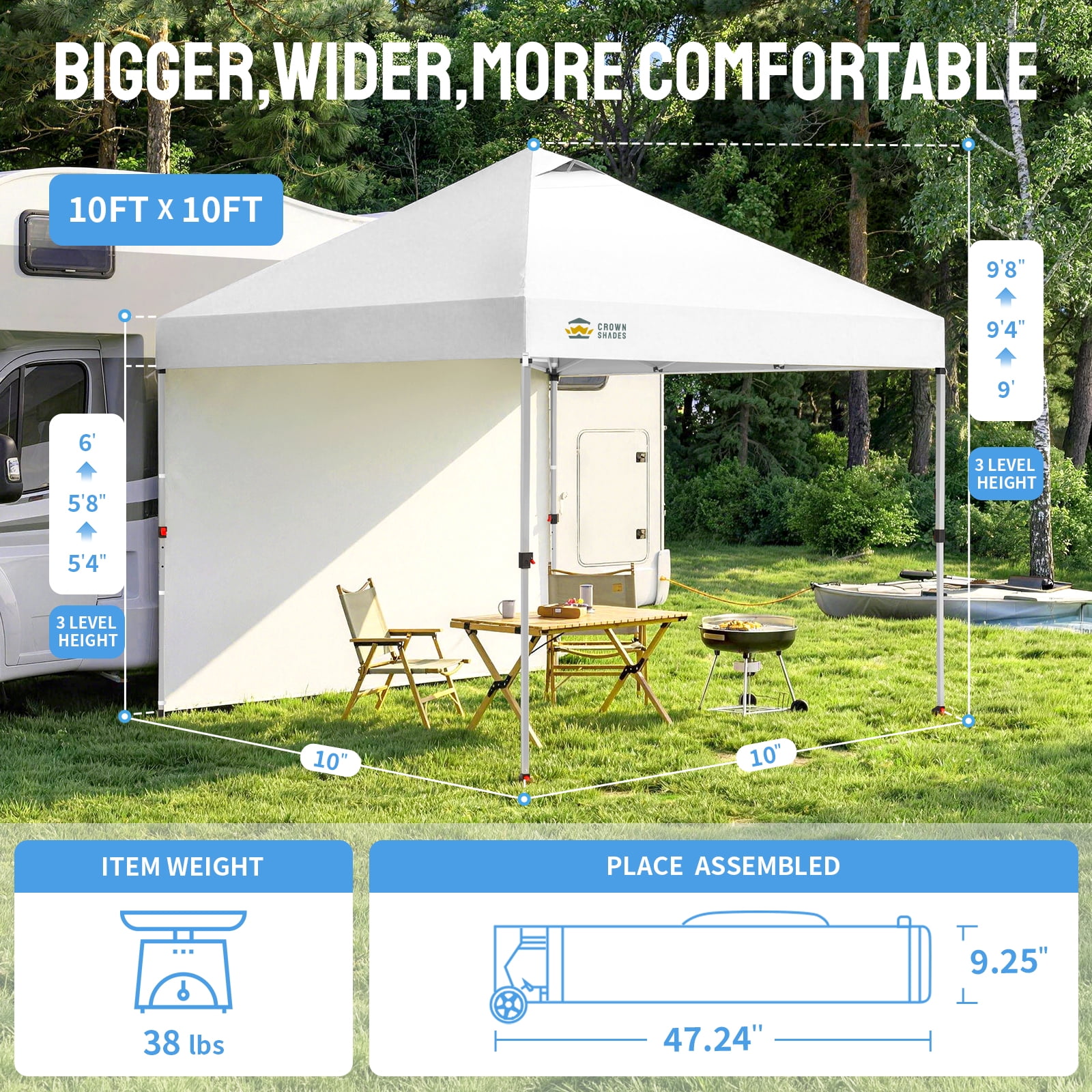 CROWN SHADES 10'x10' Instant Canopy Tent with 1 Sidewall with One Push Setup Sun Shelter for Events Parties White