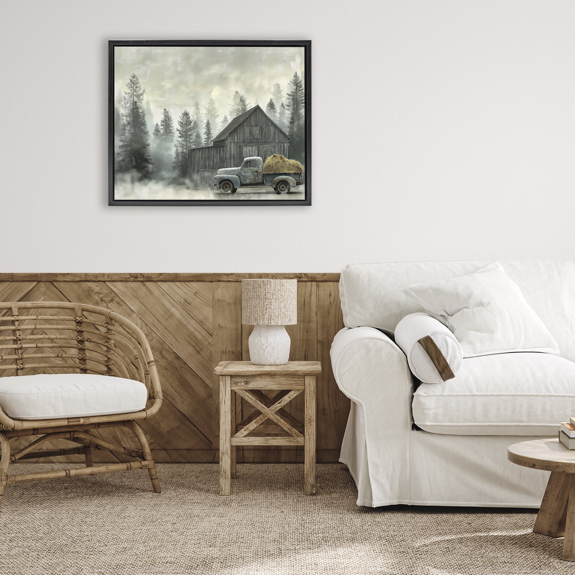 Stupell Industries Vintage Pickup at Misty Barn Black Framed Floater Canvas Wall Art, design by Imagine It Images