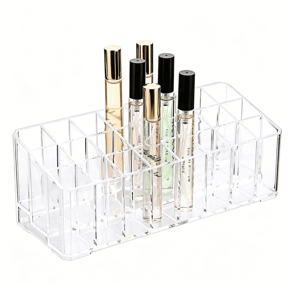 XIBUFE 24 Spaces Clear Acrylic Perfume Organizer Storage Holder, Rollerball Perfume Organizer Beauty Scent Holder, Makeup Lipgloss Lipstick Display Case