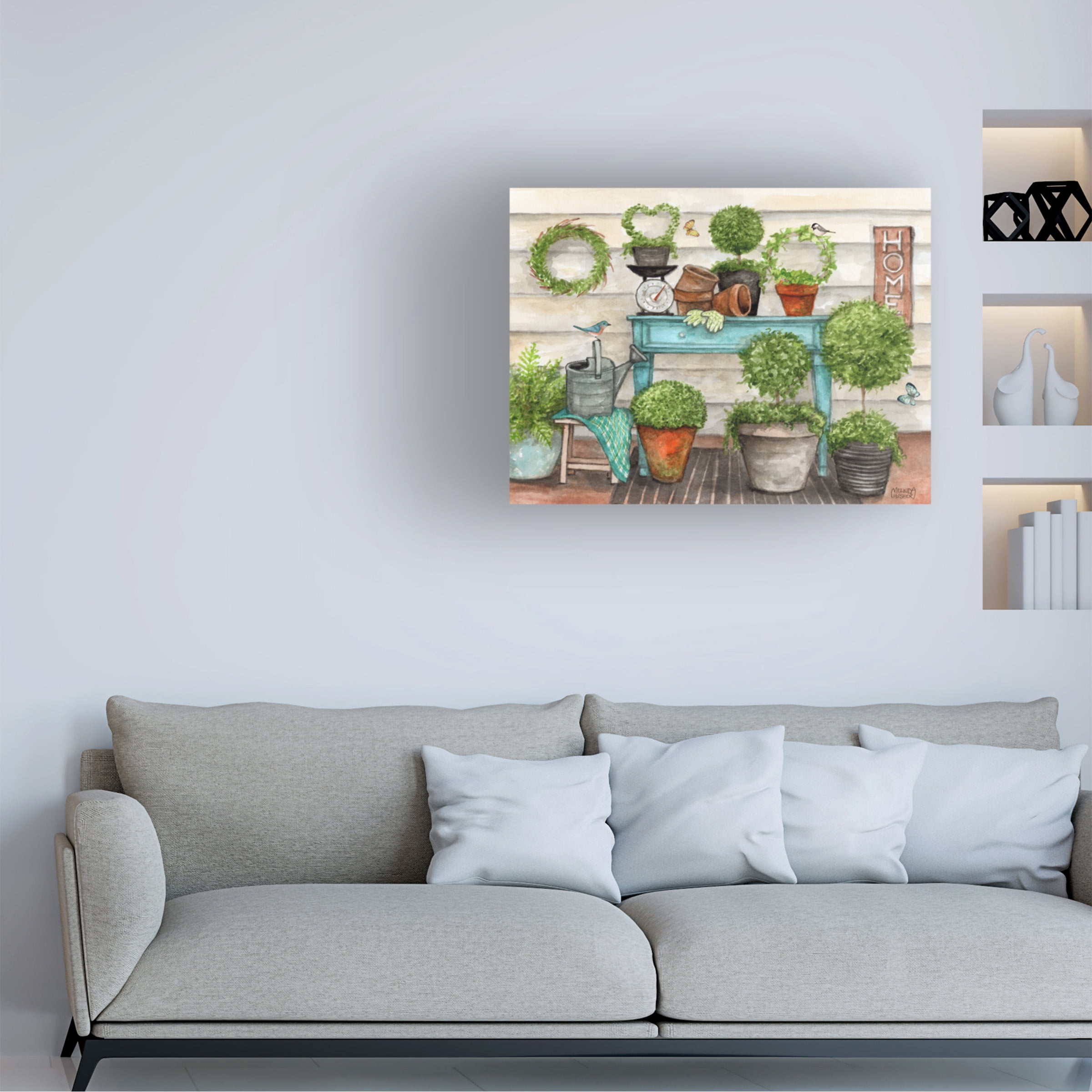 Canvas Wall Art - Melinda Hipsher 'Potted Plants With Birds and Butterflies' Wall Art for Living Room, Bedroom, or Office DÃ©cor by Trademark Fine Art - 24 x 18 Inches