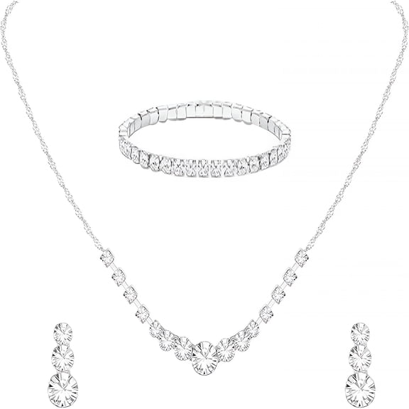 DESIGNICE Crystal Wedding Jewelry Set,Silver Necklace Earrings Bracelet Crystal Bridal Jewelry Sets for Brides Bridesmaid Costume Accessories