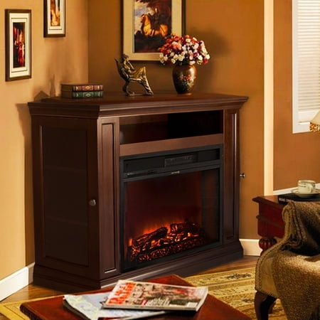 Ghp Espresso Corner Fireplace Tv Stand W Media Shelf 2 Side Cabinets 4 Shelves