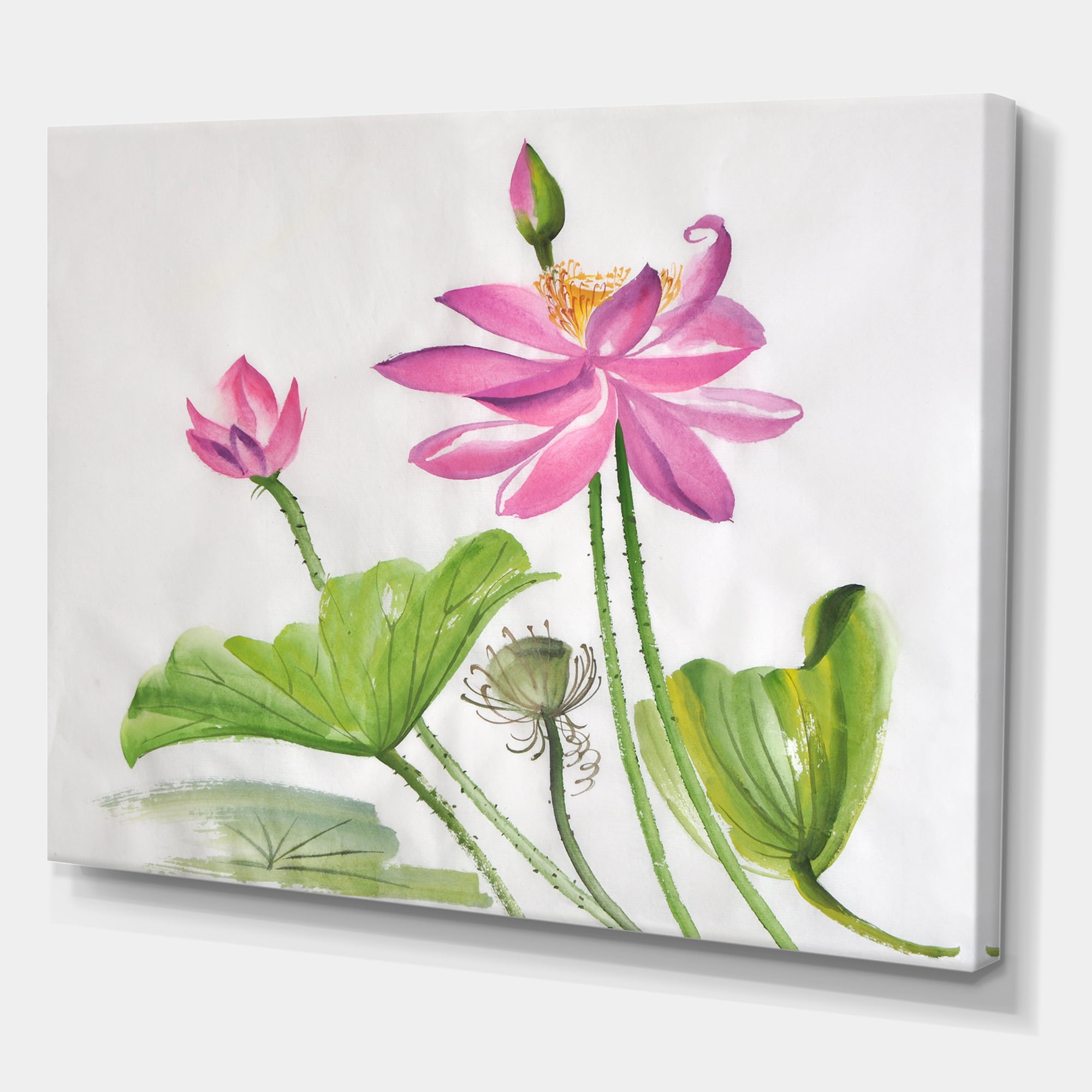 Designart ' Two Pink Lotus Flowers With Green Leaves ' Traditional Canvas Wall Art Print