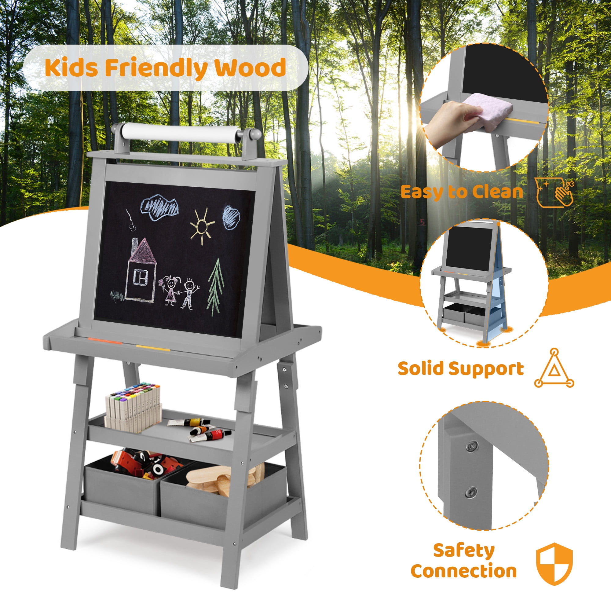 AILEEKISS 3 in 1 Kids Art Easel Double-Sided Magnetic Whiteboard Chalkboard with Paper Roller, Grey