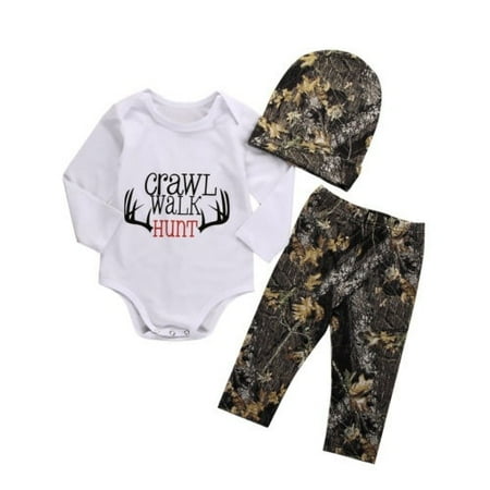 

Crawl Walk Hunt Baby Boys Tops Romper Pants Hat Outfits Set Clothes