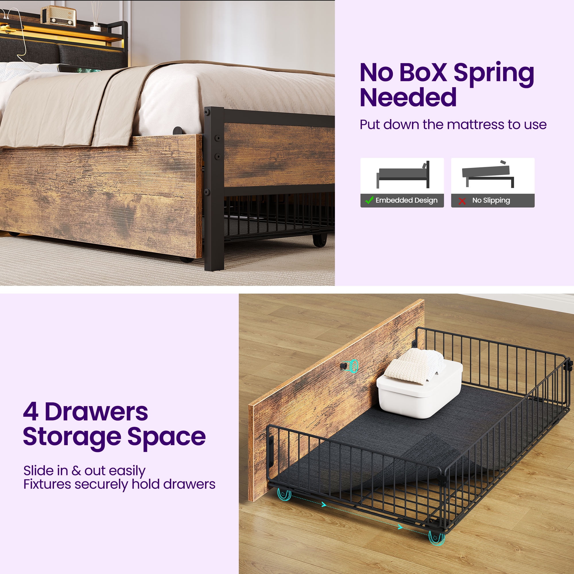 Greenstell Twin Size Bed Frame with Storage Headboard, LED Lights, Charging Station, 4 Drawers, Heavy-Duty Metal Platform Bed with USB & Type-C Ports,Rustic Brown