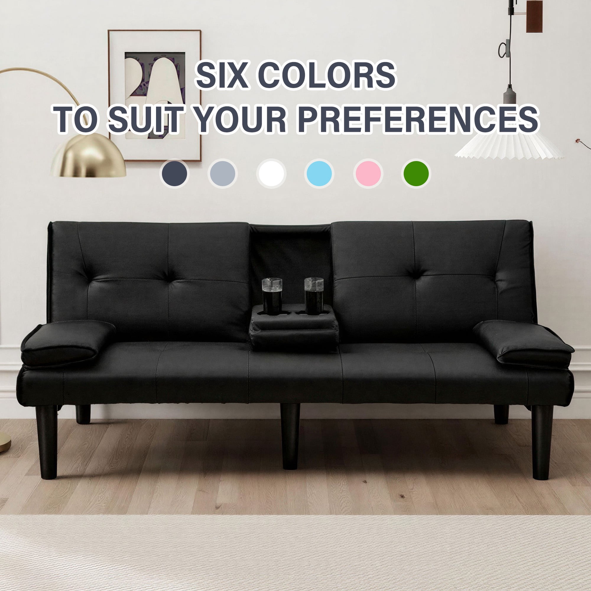 CARZZI LIFE Futon Sofa Bed PU Leather Modern Convertible Futon Couch with Removable Armrests, Cup Holders, Loveseat Sleeper Sofa Bed for Living Room, Apartment, Small Spaces (Black)