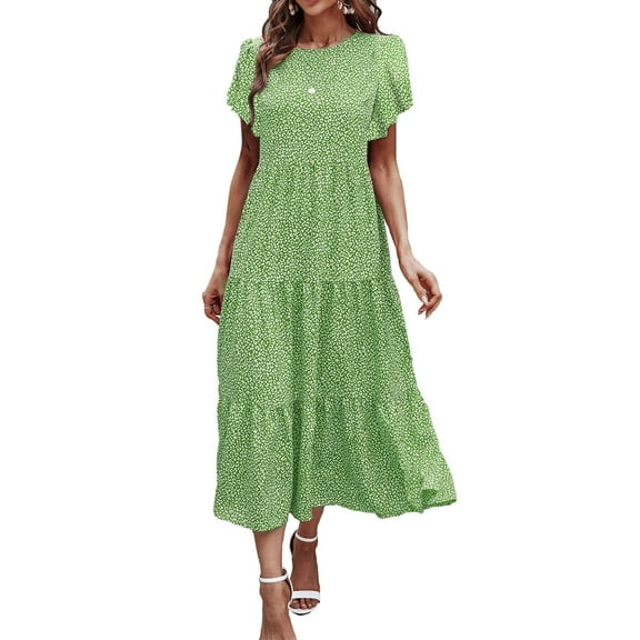 Fantaslook Dresses for Women Summer Casual Boho Dress Floral Print Ruffle Sleeve Midi Beach Dresses