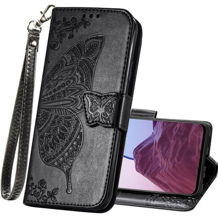 Wallet Case for OnePlus 11 5G,PU Leather Flip Protective Phone Case Wrist Strap Card Slots Holder Pocket Emboss Butterfly Flower Stand Case for OnePlus 11 5G Black