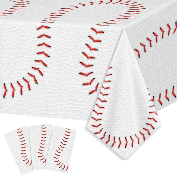 Baseball Party Tablecloths, 3pcs Disposable Waterproof Plastic Table Covers, Rectangle Table Cloths for Baseball Birthday Party Supplies, 54"x108", White