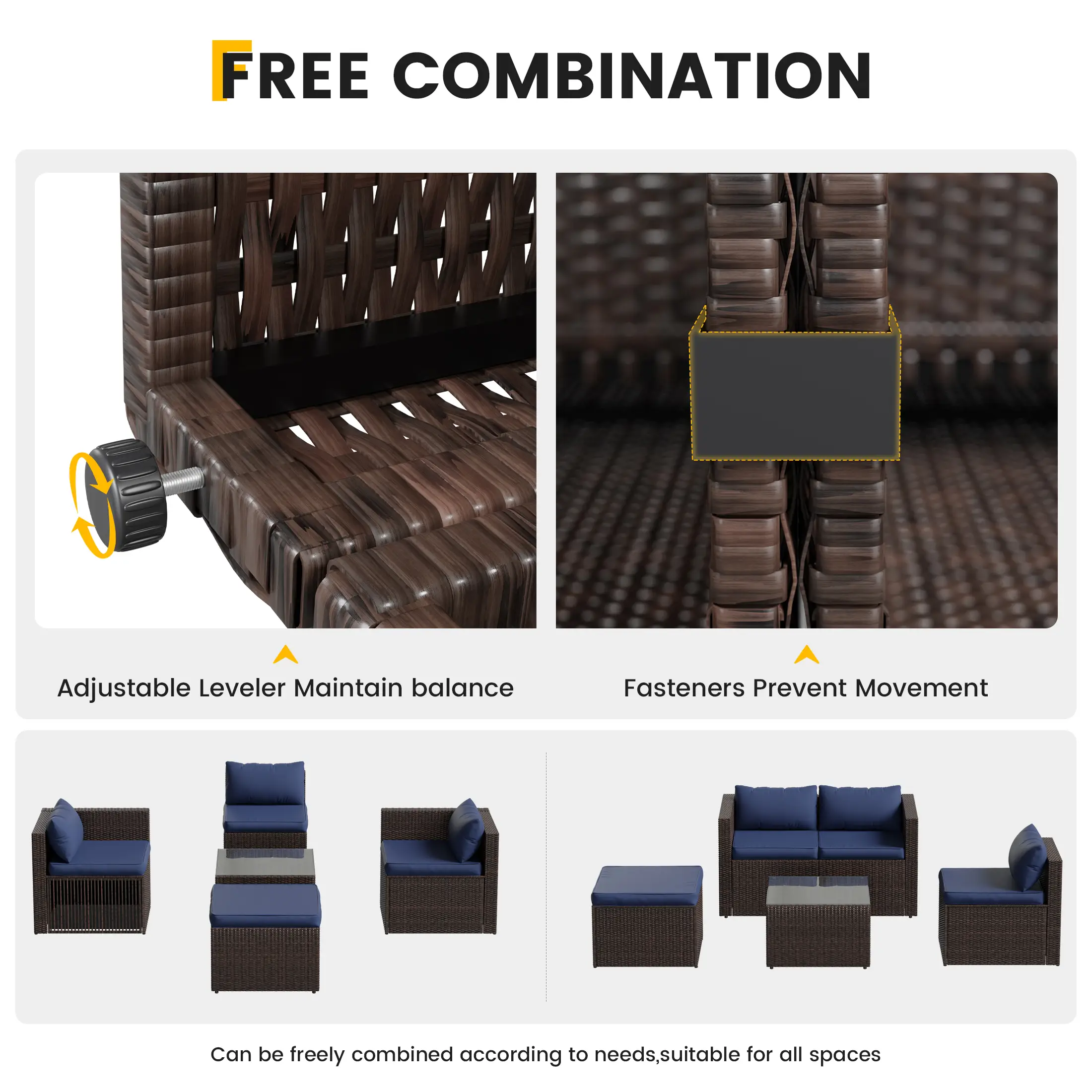 UDPATIO 5-Piece Patio Furniture Set,Outdoor Patio Furniture Set All-Weather Rattan Wicker Patio Conversation Set with Ottoman, Cushions & Glass Table for Garden & Backyard,Navy Blue