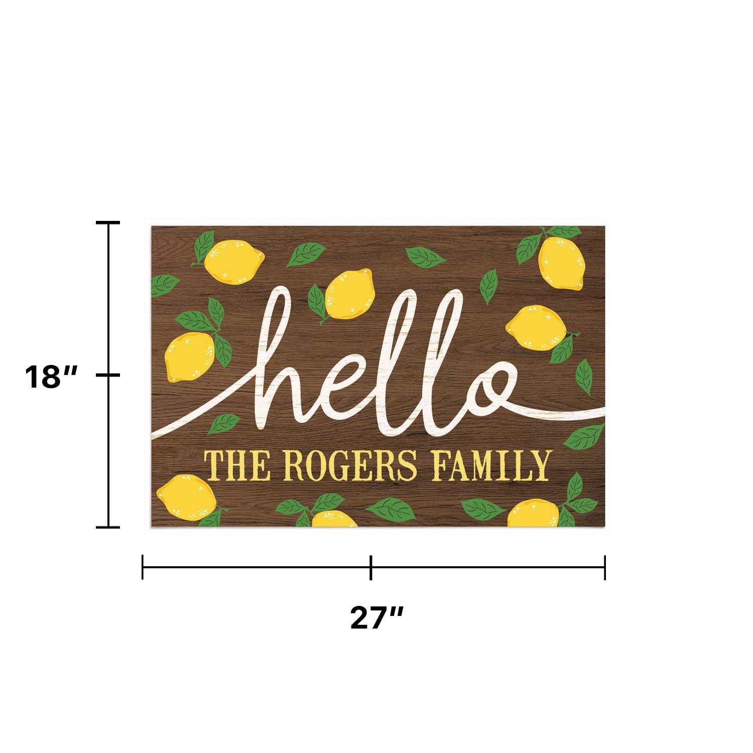 Personalized Planet 27x18 Hello Lemons Doormat with Custom Family Name Printed on Brown Rectangular 1/4” Thick Non Slip Mat for Kitchen Hallway Deck or Porch