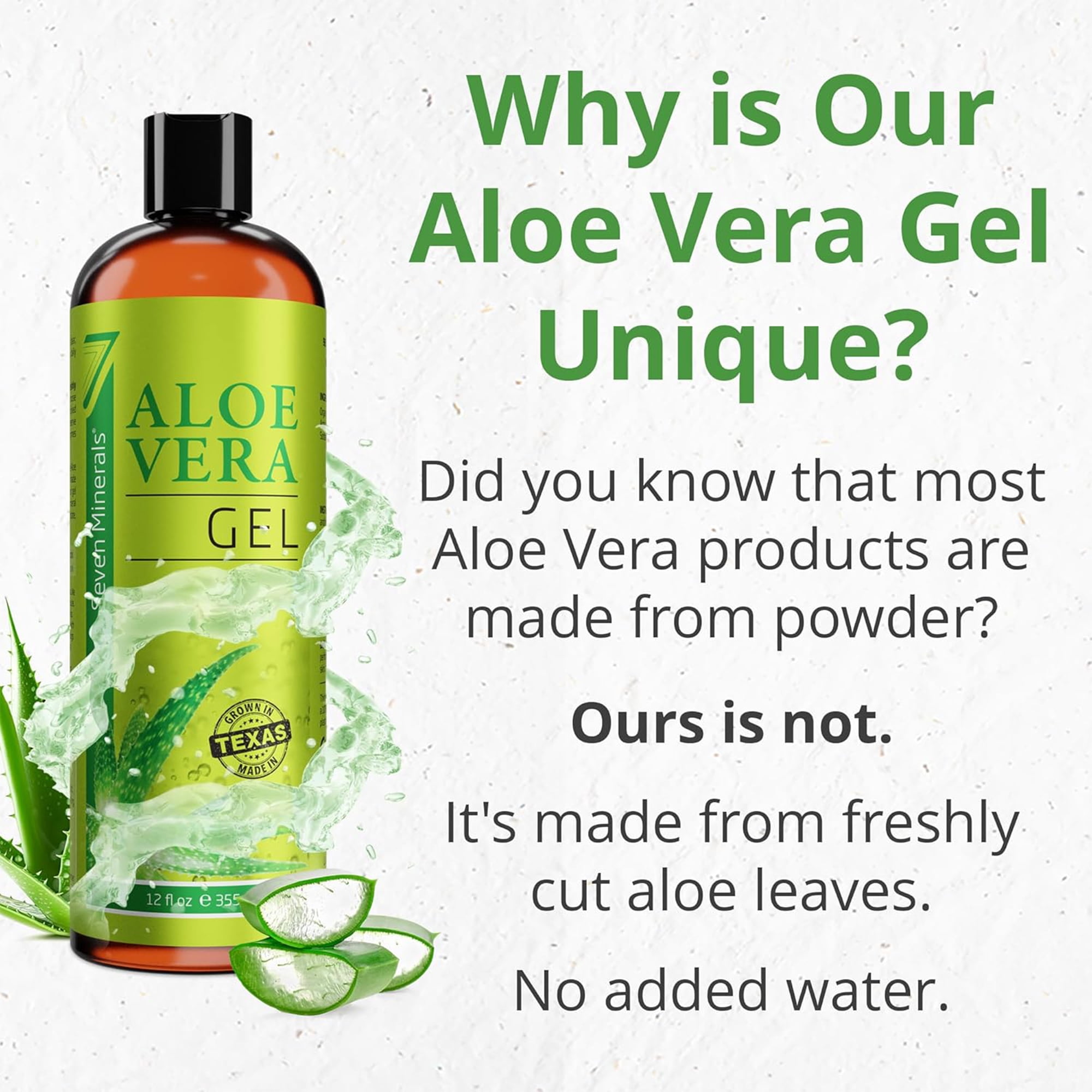 Seven Minerals Aloe Vera Gel – Texas-Grown Fresh Organic Aloe – Vegan, Unscented Gel for Face, Skin, Hair & Sun Care, 12 fl oz