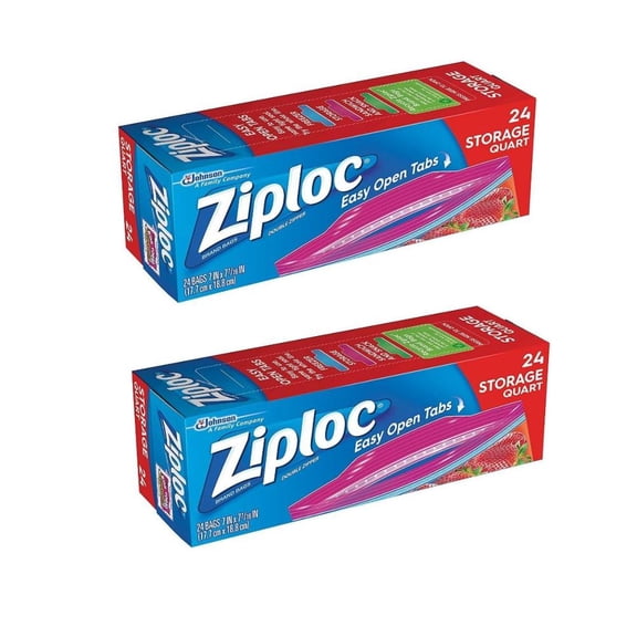 Ziploc Storage Quart Bags Grip 'n Seal Microwave Clear Plastic 24 Count, 2 Pack
