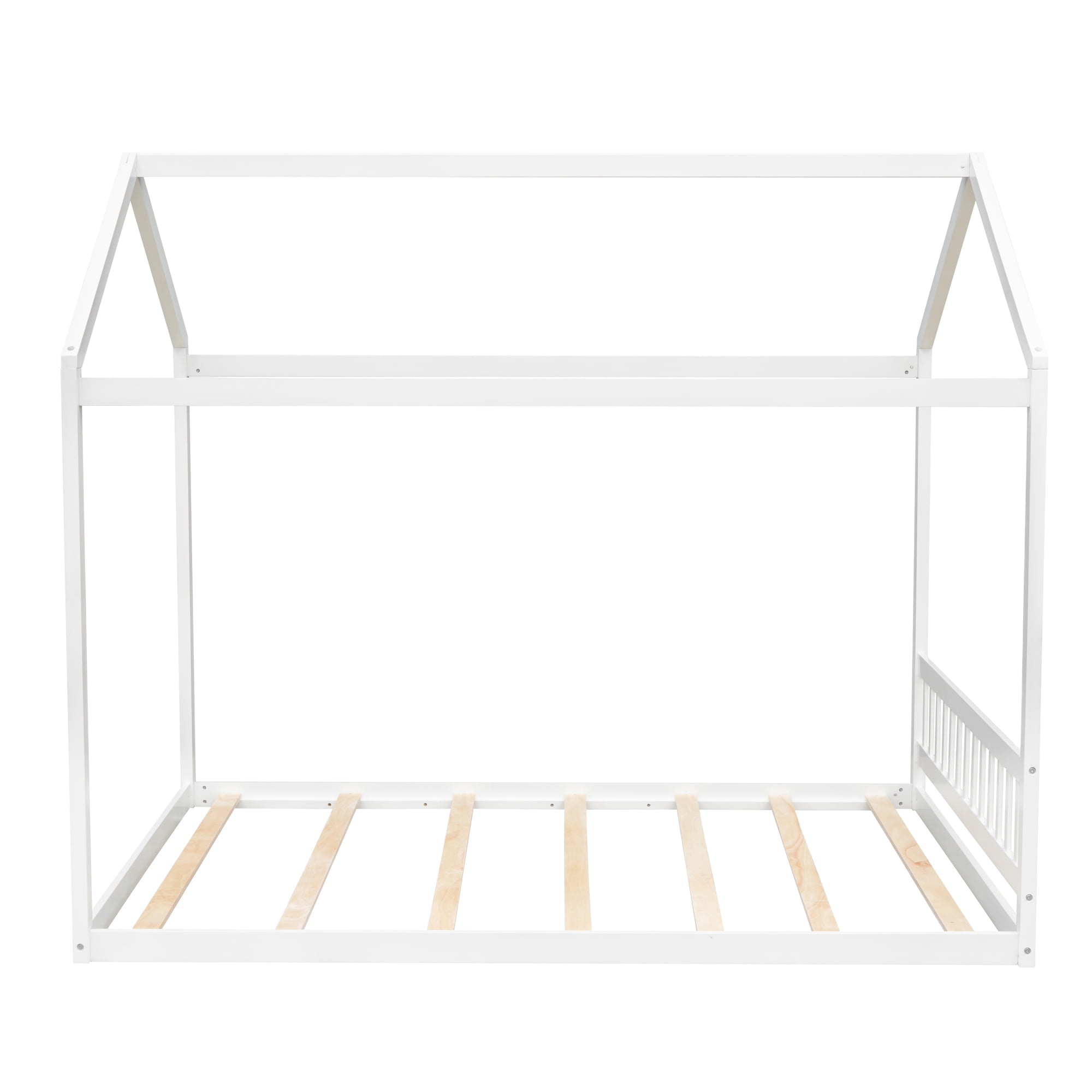 Harper & Bright Designs Queen Size Floor House Bed for Kids, Wood Montessori Bed with Headboard, Full House Bed with Roof for Girls & Boys, White