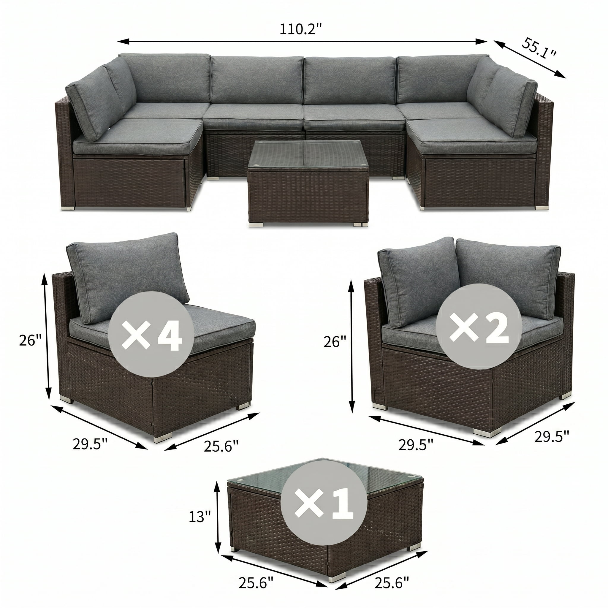Howcool 7-Piece Modular Outdoor Patio Furniture Set with Cushions and Tempered Glass Table