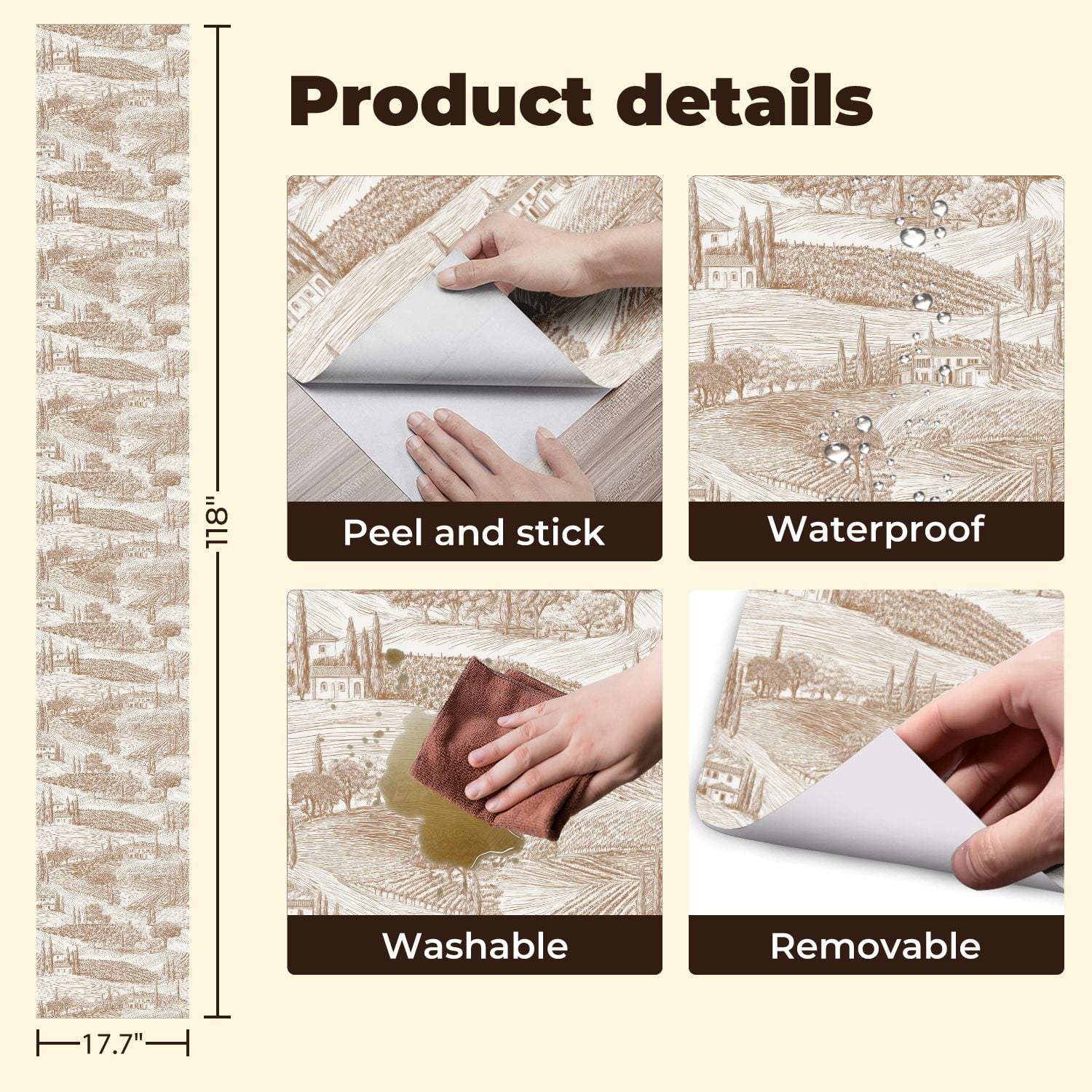 Peel and Stick Wallpaper 17.7in x 9.8ft Vintage Tuscan Landscape Vineyards Olive Trees Rolling Hills Contact Paper Vinyl Waterproof Self Adhesive Wall Paper for Bedroom Shelf Cabinet Renter Friendly