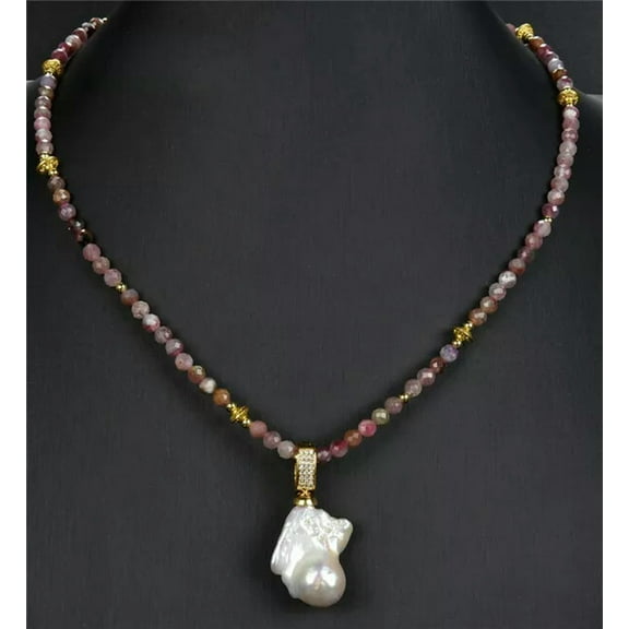 K-KED Natural Stone 19" 5mm Red Tourmaline Necklace Cultured White Keshi Pearl Pendant