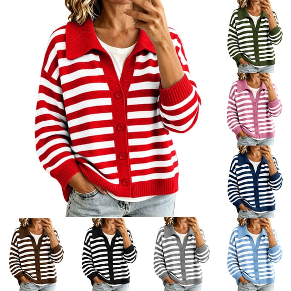 Fengqque Lady's Winter Long-sleeved Button-down Knitted Cardigan With Striped Sweater Coat