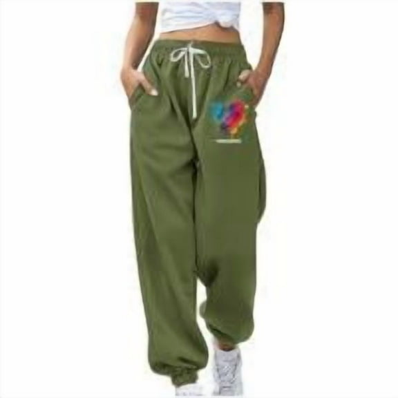 Gmluru Womens Wide Leg Sweatpants Heart-Shaped Printed Sports Casual Drawstring Long Straight Leg Pants Army Green (L)