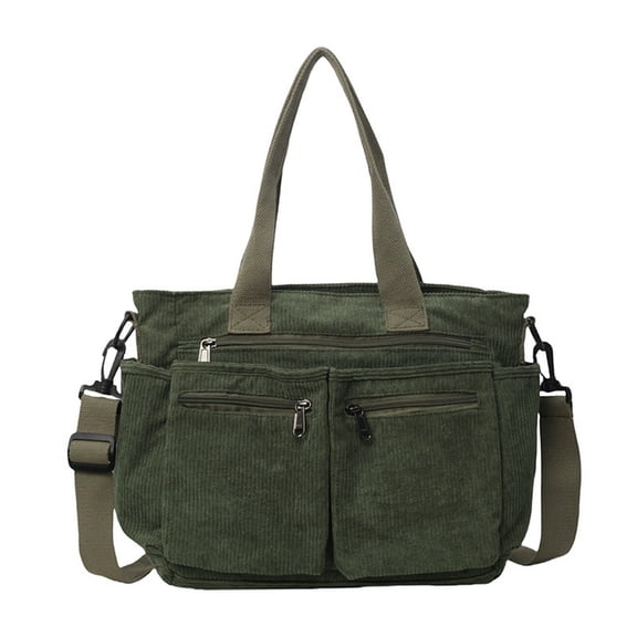 Corduroy Multi‑Pocket Tote Bag, 2‑Way Carry Handbag with Detachable Crossbody Strap