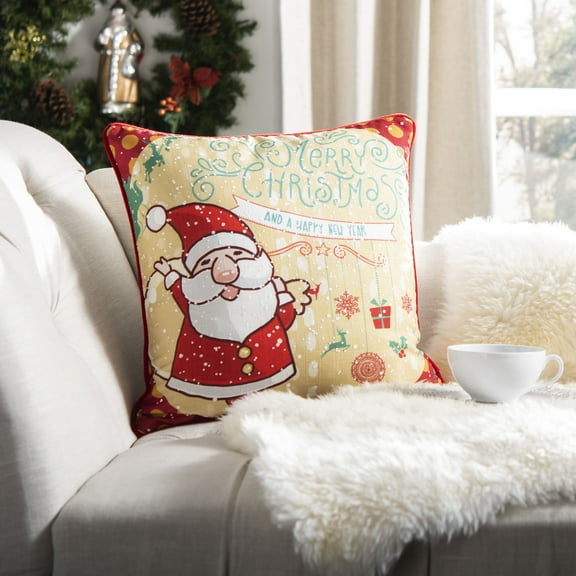SAFAVIEH Neve Santa Claus Merry Christmas 18" x 18" Holiday Pillow, Champagne/Red