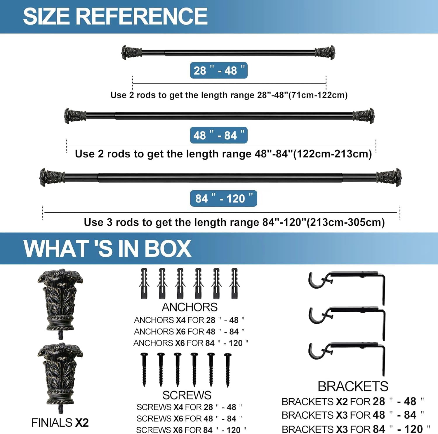 Urbanest Adjustable Single Curtain Rod Set Burnt Gold Chilton Finials – 1 - Inch Diameter, With Black Rod, 84–120 Inches