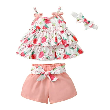 Zhaghmin Baby Girls Cute Summer Outfits 0 2 Years Sunflower Printed Spaghetti Strap Sleeveless Tops Ruffle Waist Belted Shorts 2 Piece Clothes Light Pink 6-9 Months