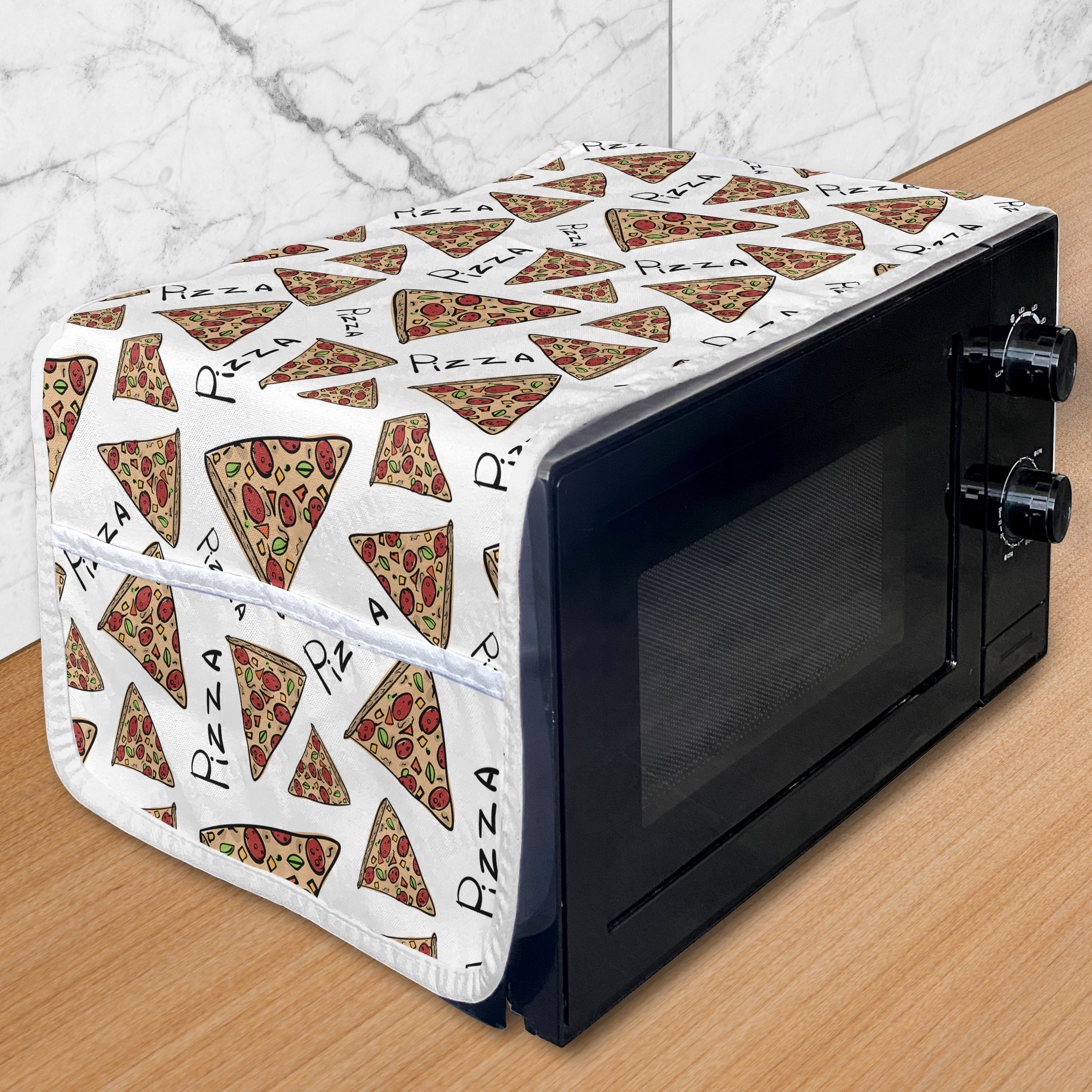 Pizza Microwave Oven Cover, Pattern in Hand Drawn Doodle Style Pizzeria