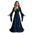 thumbnail image 3 of KICILVS Witch Costume Women Hooded Gothic Robe Corset Waist Bell Sleeve Maxi Length Damask Print Vampire Cloak Outfit Blue, 3 of 5