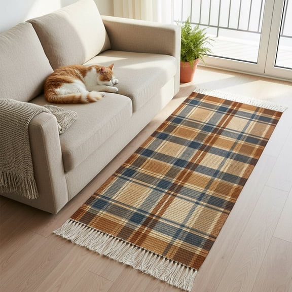 Vintage Brown Blue Plaid Boho Hallway Runner Rug 2x6ft, Kitchen Runner Rug Tassel Rugs, Modern Minimalist Stripes Area Rugs Floor Carpet for Living Room Bedroom Entryway