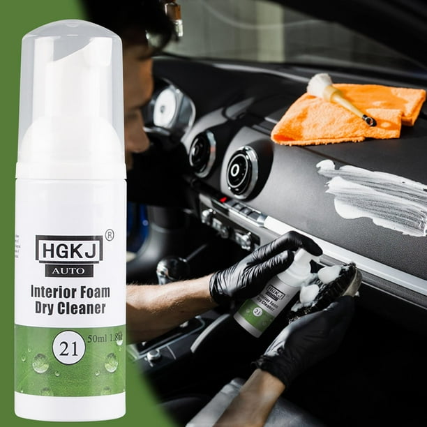 Limpiador en seco en espuma para interiores (50 ml) | Limpiador multisuperficie para coche, cuero, vinilo, plástico y pantallas táctiles | Fórmula en aerosol y paño | Protege de la decoloración y el