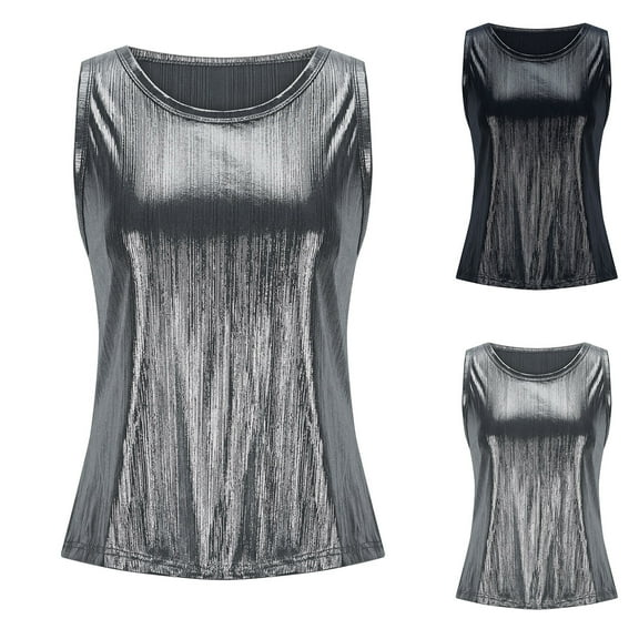 BiZtdJrK Shiny Tank Top for Women 2025 Summer Loose Crew Neck Sleeveless Casual Party Blouse Silver XXXL