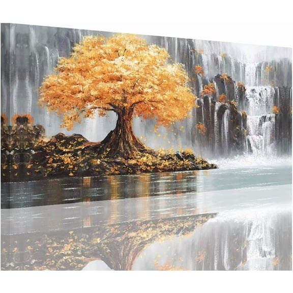 WFSposterTree Wall Art for Bedroom, Waterfall Canvas Wall Decor for Living Room, Black and Gold Picture Print