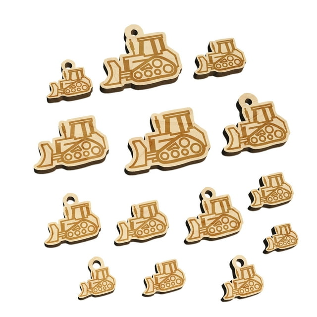 Bulldozer Dozer Construction Vehicle Wood Mini Charms Shapes DIY Craft Jewelry - With Hole - Various Sizes (16pcs)