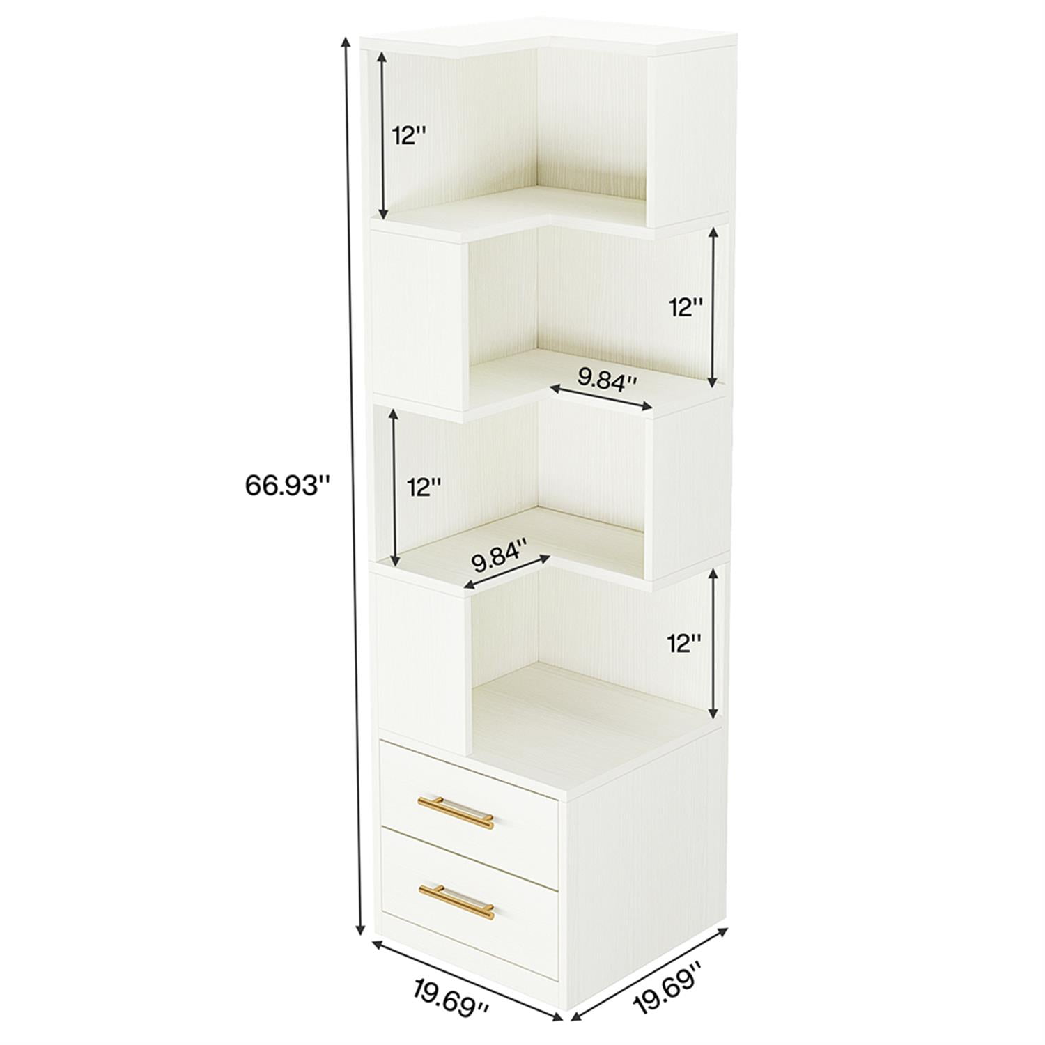 Demi Bonn 5 Tier Corner Bookcase with 2 Drawers, Wood Bookshelf Storage Organizer, L-Shaped Display Standing Shelf Unit for Bedroom, Living Room, White