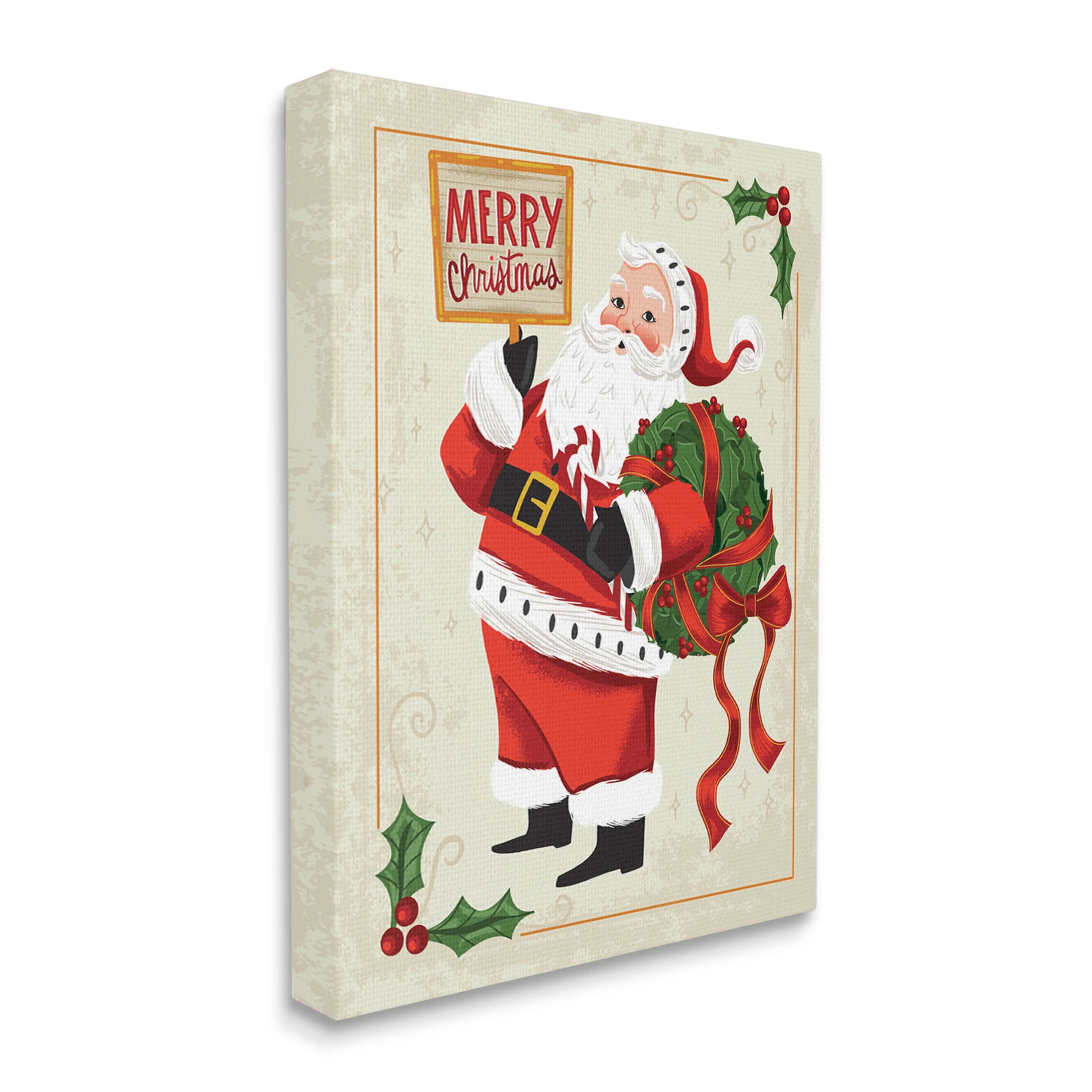 Merry Christmas Vintage Santa Holiday Graphic Art Gallery Wrapped Canvas Print Wall Art