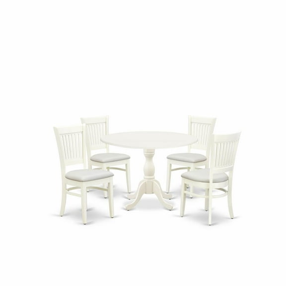 East West Furniture - DMVA5-LWH-C - 5-Piece Dining Room Table Set- 4 Dining Room Chair with Linen Fabric Seat and Slatted Chair Back - Drop Leaves Round Table - Linen White Finish