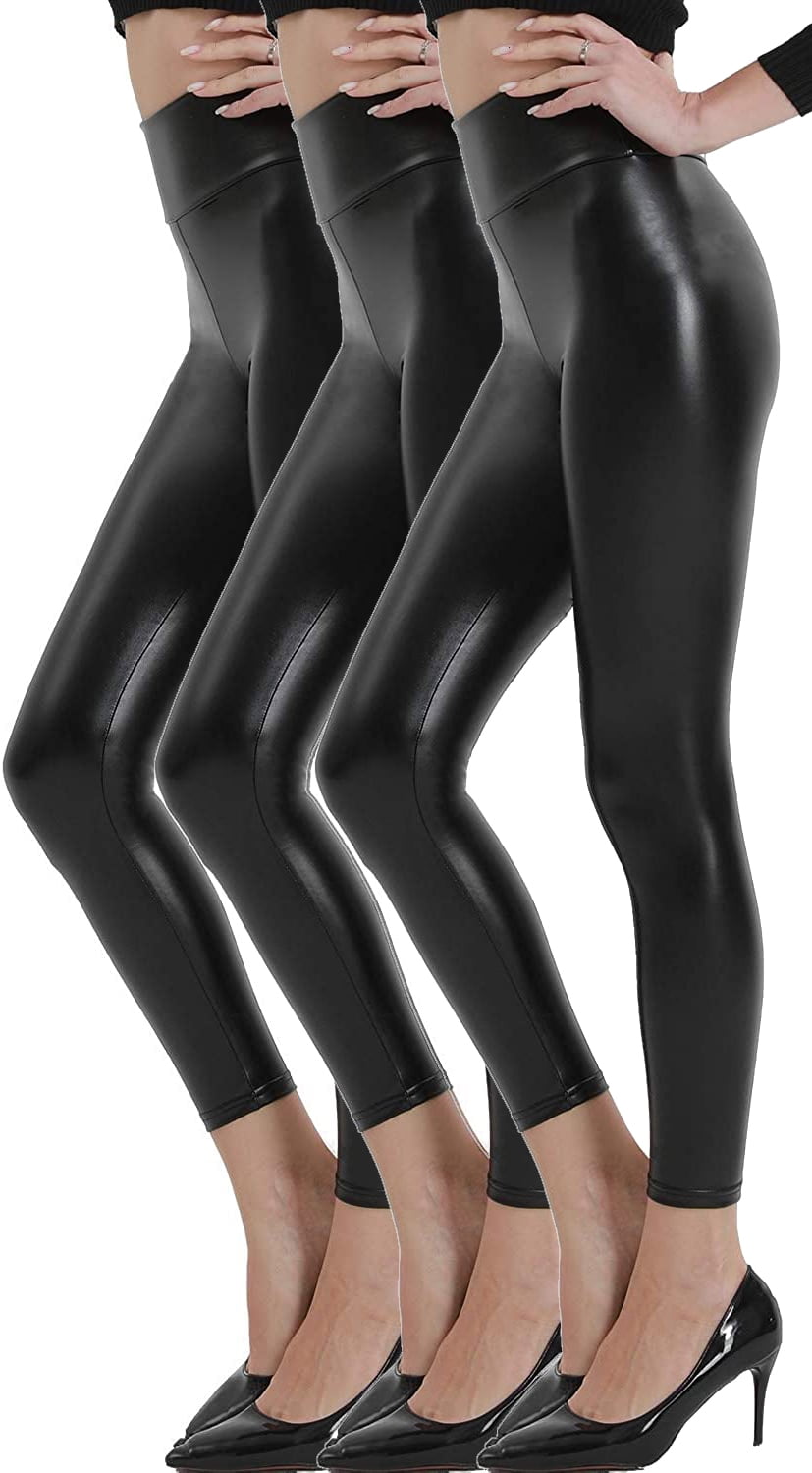 FITVALEN 3 Packs Women's Stretchy Faux Leather Leggings Pants, Black