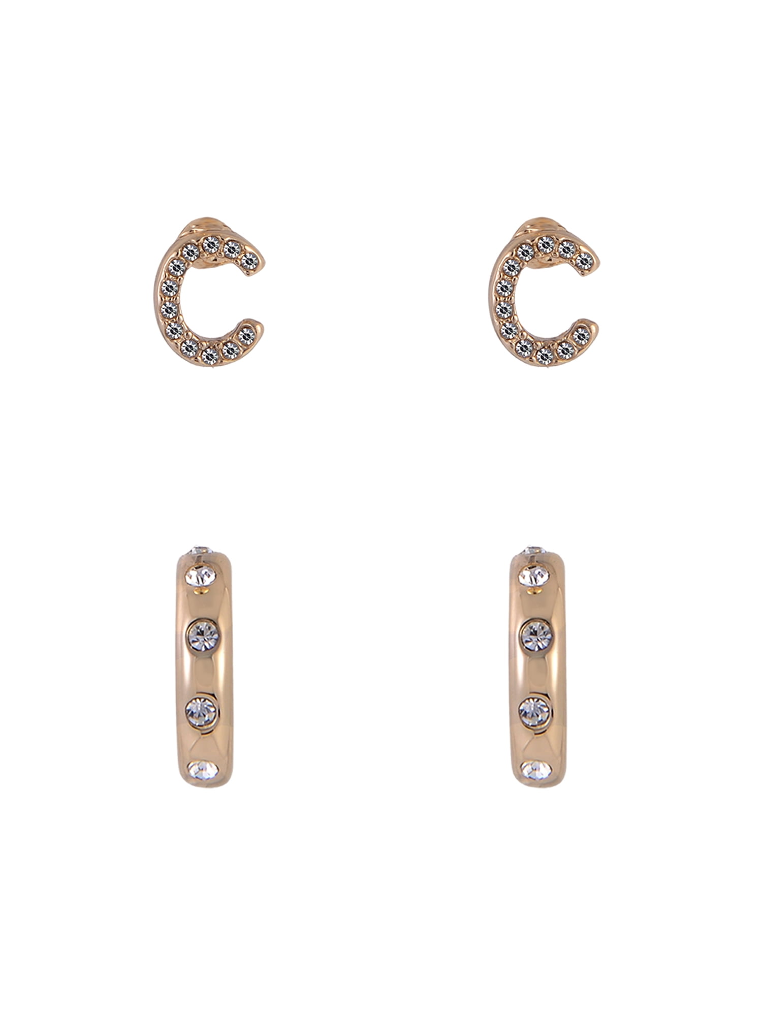 Time and Tru Goldtone 5pc Crystal Studs Hoop Initial "C"Earring Set