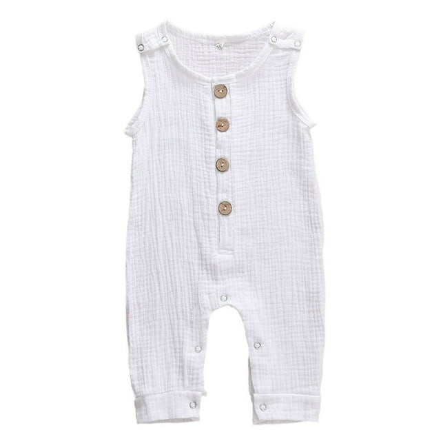 Toddler Baby Summer Cotton Romper Solid Color Sleeveless Button-Down Button Closure Vertical Striped Jumpsuit Romper