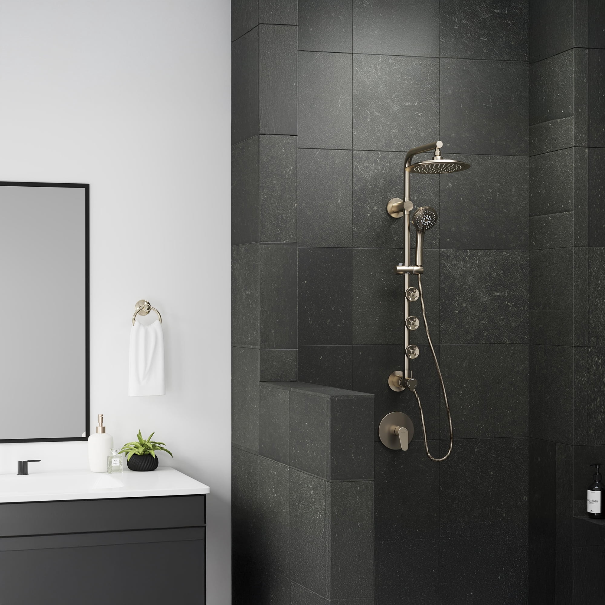 Lanai 8-in Rain Showerhead Shower System with 3-Body Jets Pivoting Shower Arm and Multi-function Handshower Brushed Nickel