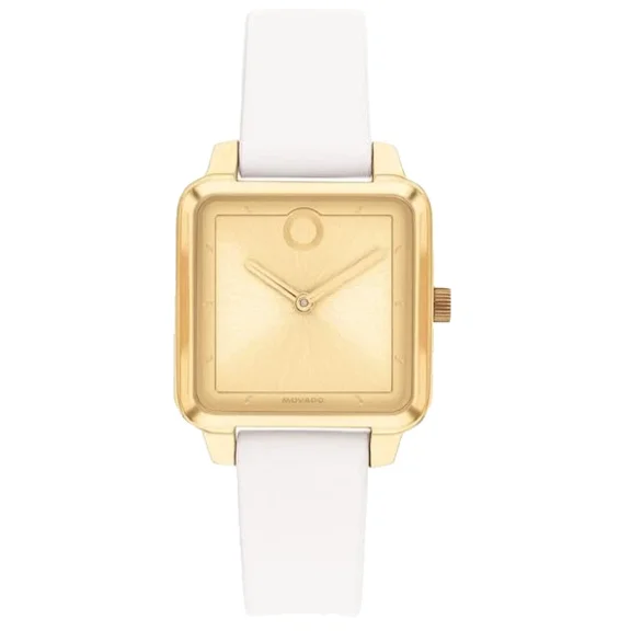 Movado Bold Trend 3601371 Gold Dial White Leather Strap 27mm Gold Womens Watch