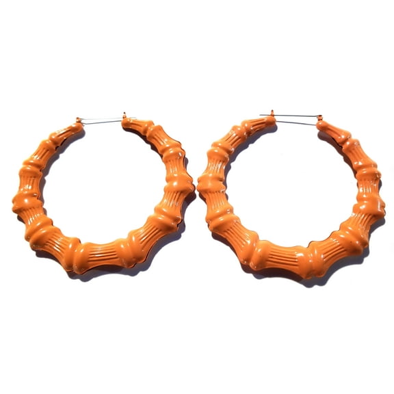 Large Orange Bamboo Hoop Earrings 3.75 inch Hoops